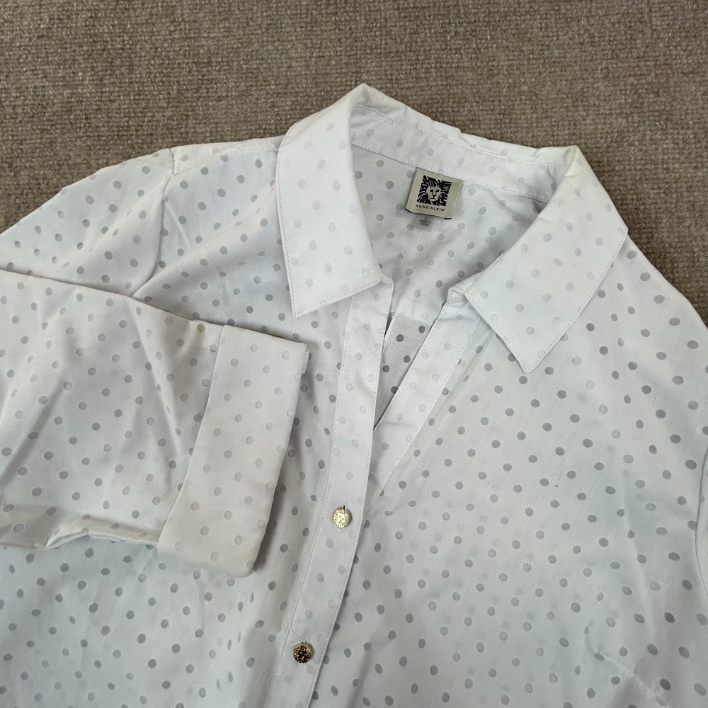 Anne Klein Shirt Womens Large White Polka Dots Tie Hem Roll Tab Sleeve Button Up